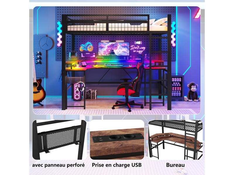 Lit mezzanine 90 x 200 cm, fer, led multicolore, bureau, 1 usb et 1 usb-c et 2 prises, panneau perforé, noir, sans matelas - Conforama D