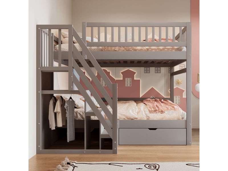 Lit superposé 140x200 - escalier rangement - tiroirs - lit superposé enfant - barrière de sécurité - sommier à lattes - gris - Conforama D