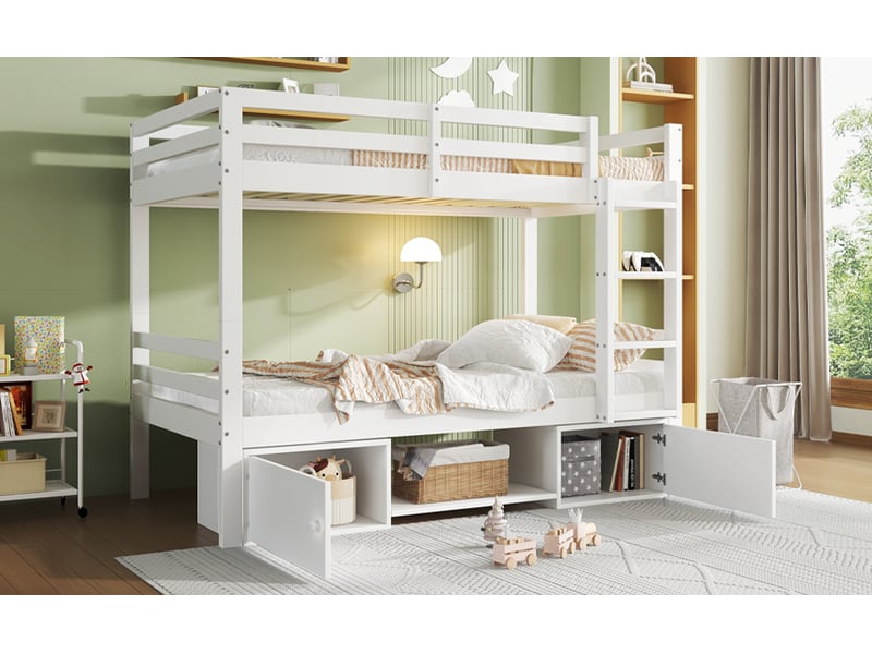  Lit superposé séparable - 2x90x200cm - étagères et placards sous le lit - avec sommiers à lattes - blanc  - Conforama B