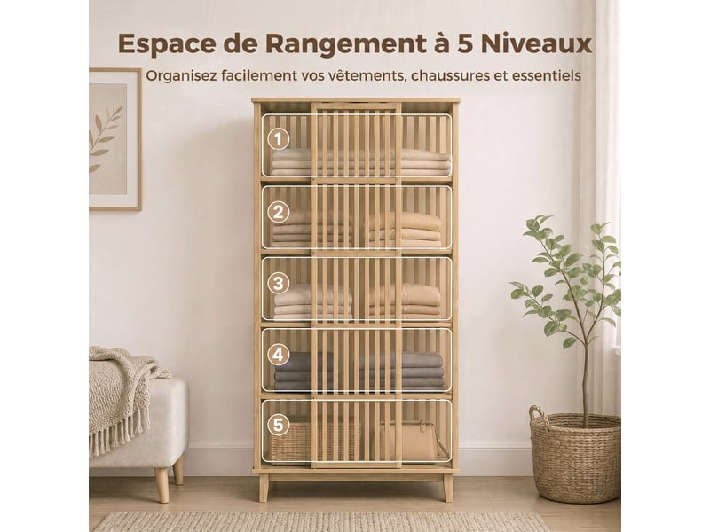  Armoire chambre penderie en bambou 5 niveaux avec porte coulissante, bois naturel, design aéré à lattes  - Conforama R