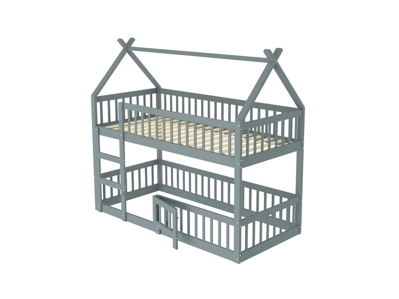  Lit superposé 90x200 - bois massif gris - lit superposé enfant - design cabane, barrières hautes, porte d'entrée  - Conforama A