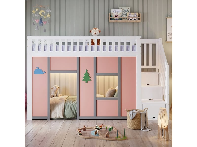  Lit mi-hauteur enfant 90x200 cm, escalier avec rangement, espace de jeu, led, garde-corps, motifs décoratifs, pin et mdf, blanc et rose Radiant Stride - Conforama D