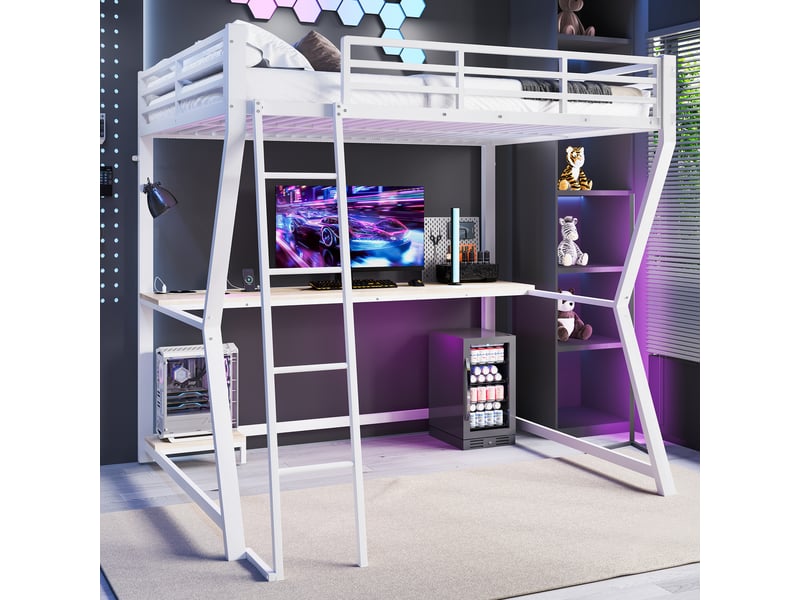  Lit mezzanine 140*200cm, structure en métal et mdf, éclairage led, bureau, port usb, échelle, sans matelas, blanc  - Conforama E