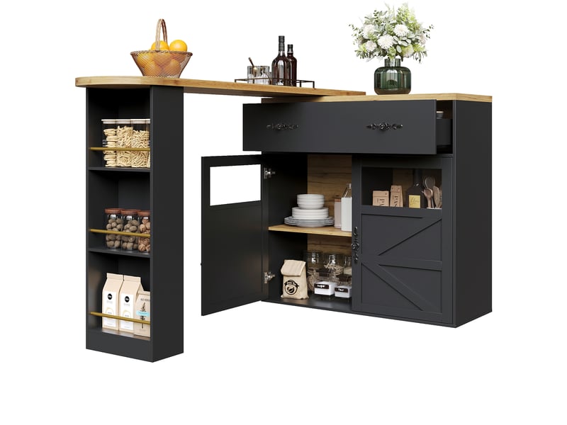  Ilot cuisine, buffet de cuisine avec rangements intégrés, plateau extensible, pivotant à 360°, dimensions 138 à 204 x 39 x 104 cm, mdf, noir  - Conforama A