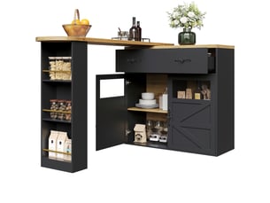 Ilot cuisine, buffet de cuisine avec rangements intégrés, plateau extensible, pivotant à 360°, dimensions 138 à 204 x 39 x 104 cm, mdf, noir