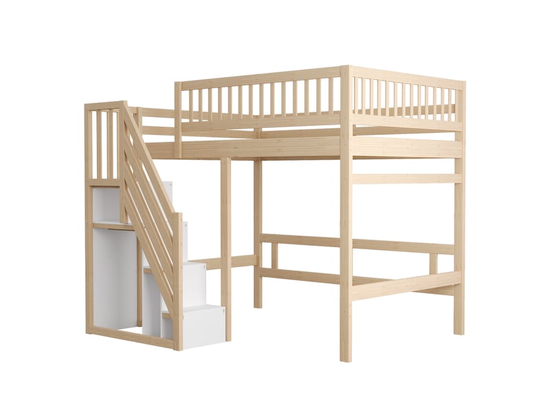  Lit mezzanine 140x200 cm en bois naturel, escalier avec rangement et barrières hautes  - Conforama A