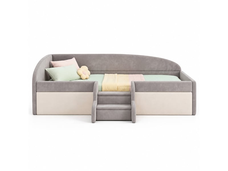  Lit enfant 90x190 cm avec marches et barrières en velours gris  - Conforama A