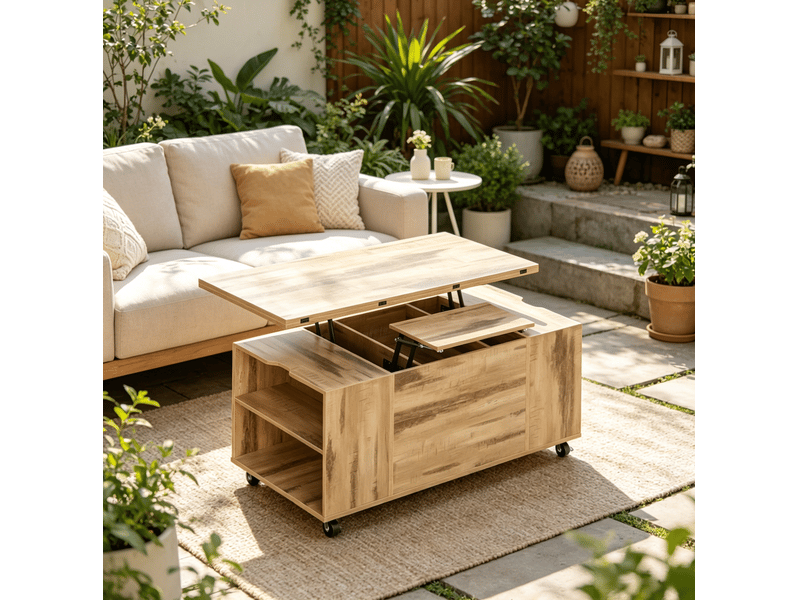Table basse relevable et extensible sur roulettes, bois et métal, chêne clair - Conforama D
