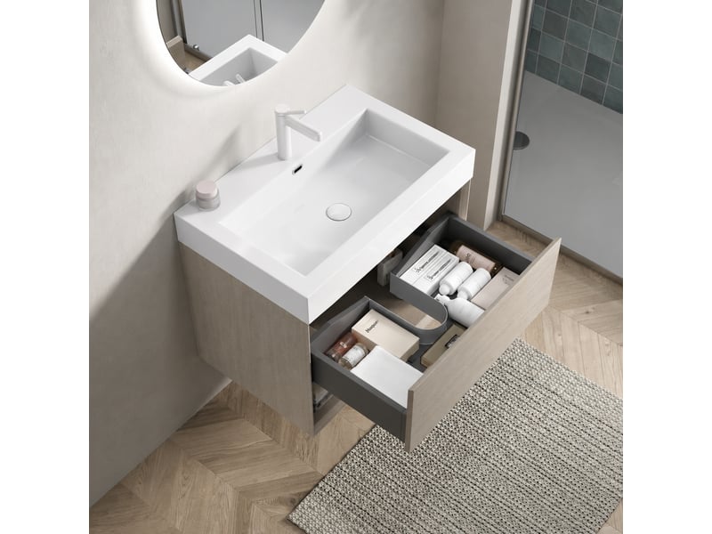 Meuble vasque suspendu 70 cm avec vasque rectangulaire blanche intégrée, finition chêne clair - Conforama B