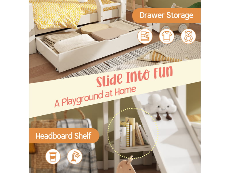  Lit superposé maison 90x200 cm et 140x200 cm avec tiroir, toboggan et échelle, bois, mdf, métal, blanc, sans matelas  - Conforama E