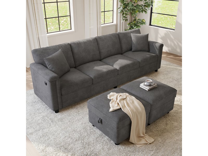 Canapé modulable d'angle en l ou u,261x134x82cm canapé 6 places en tissu chenille,2 poufs de rangement, ports usb et type-c,gris - Conforama E