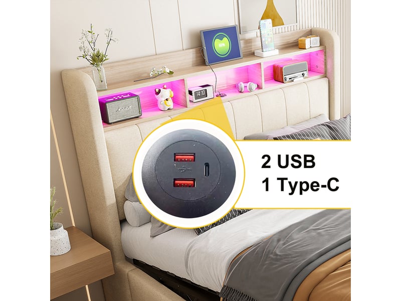  Lit coffre hydraulique rembourré 160x200 cm, tête de lit à rangement, led multicolore, usb rapide et usb-c, sommier à 24 lattes, lin beige Radiant Stride - Conforama E