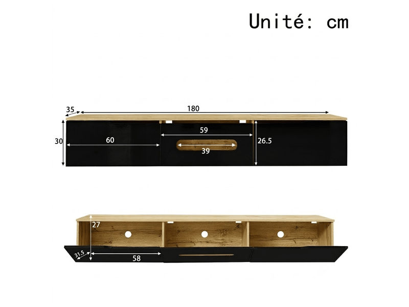  Meuble tv 180 cm noir et décor bois – led 16 couleurs, à poser ou mural  - Conforama D