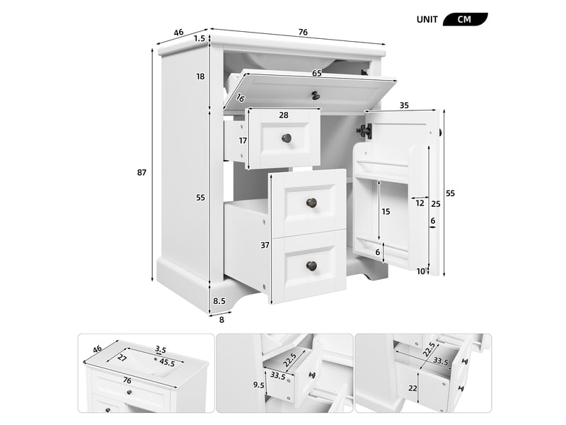  Meuble sous-vasque sur pied 76x46x87 cm blanc, vasque céramique intégrée  - Conforama C
