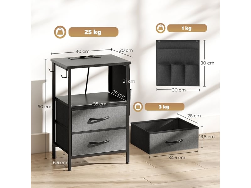  Table d’appoint avec station de charge, 2 tiroirs, 40 x 30 x 60 cm, noire  - Conforama C