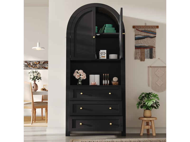  Meuble de cuisine muvano noir, buffet haut à sommet arrondi, 3 tiroirs, 70 × 35 × 180 cm  - Conforama C