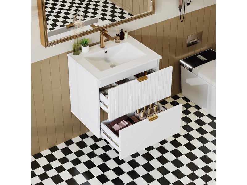  Meuble lavabo suspendu 61x46x57 cm – blanc – 2 tiroirs silencieux avec vasque en céramique intégrée  - Conforama B