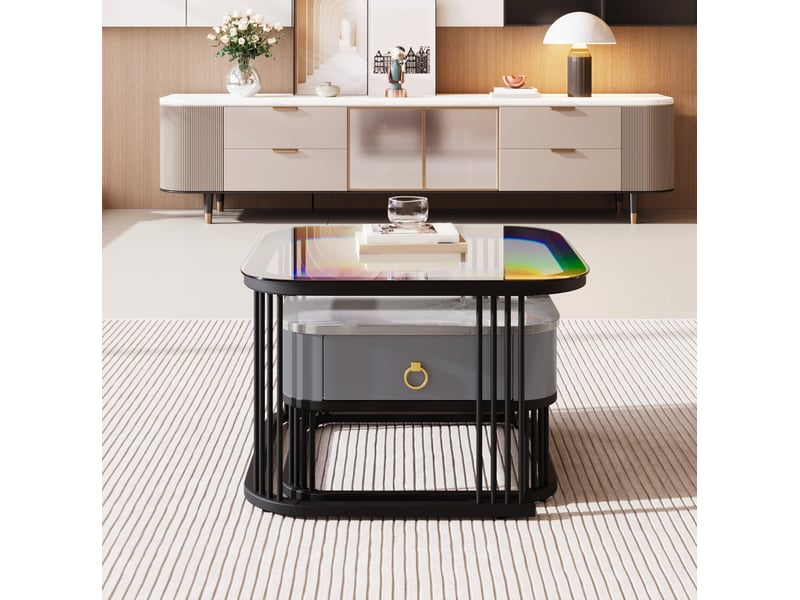  Table basse gigogne ulevr 2 pièces avec 2 tiroirs, 60 x 60 x 44,5 cm et 50 x 50 x 34,5 cm, verre et aspect marbre  - Conforama E