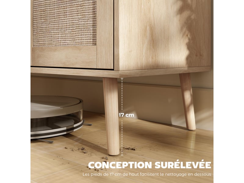  Buffet salon meuble de rangement placards à portes en cannage et étagère réglable effet bois naturel 140 x 40 x 75 cm  - Conforama W