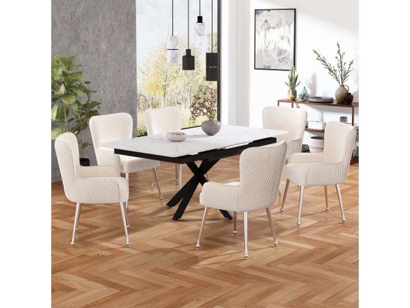  Lot de 6 chaises de salle à manger en velours avec design plissé vertical et 4 pieds réglables en métal doré,beige chaise beige - Conforama B