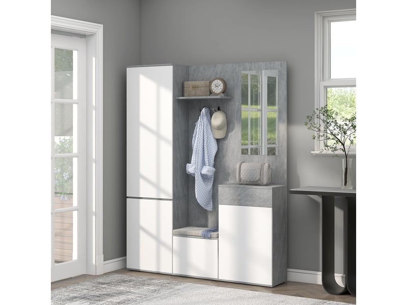  Meuble d'entrée 4 en 1 avec miroir, crochets et étagères intérieures, en bois, 145 x 29 x 184 cm, gris et blanc  - Conforama C