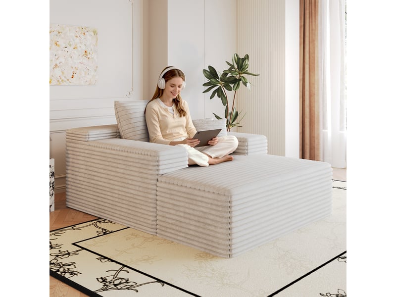  Canapé velours côtelé blanc méridienne assise profonde, canapé mousse modulable sans montage 115x159cm  - Conforama E