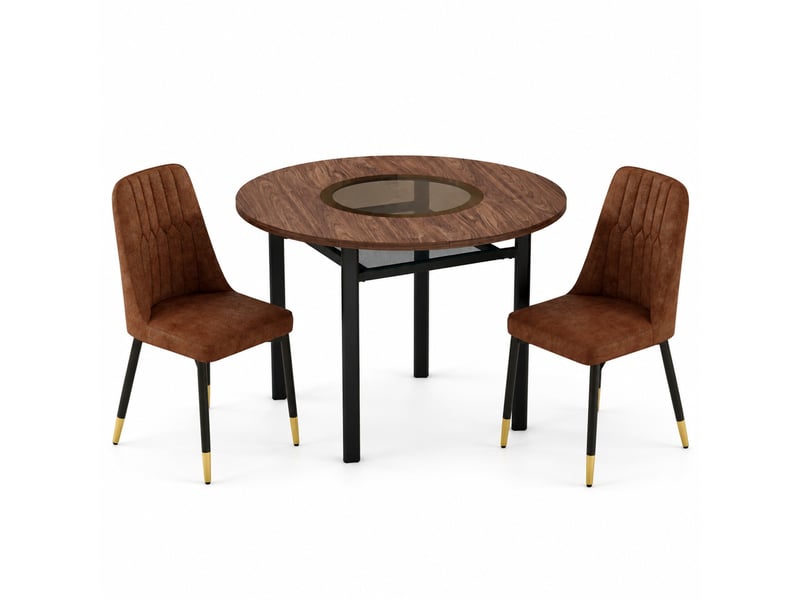  Ensemble table et chaises avec table ronde et 2 fauteuils  - étagère en verre - mdf, métal, tissu - marron noir  - Conforama A