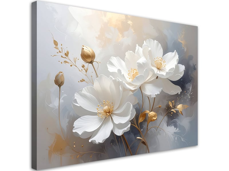  Tableaux, fleurs blanches dans des tons gris et or subtils 90x60 1312609265 - Conforama A