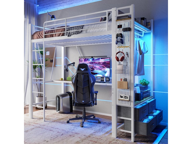  Lit mezzanine 90x200cm coloris blanc led métal lit enfant blanc - Conforama D