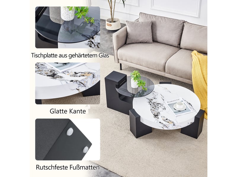  Table d'appoint rond 61×61×30 cm, mdf et verre, noir et blanc Fay Lum - Conforama E
