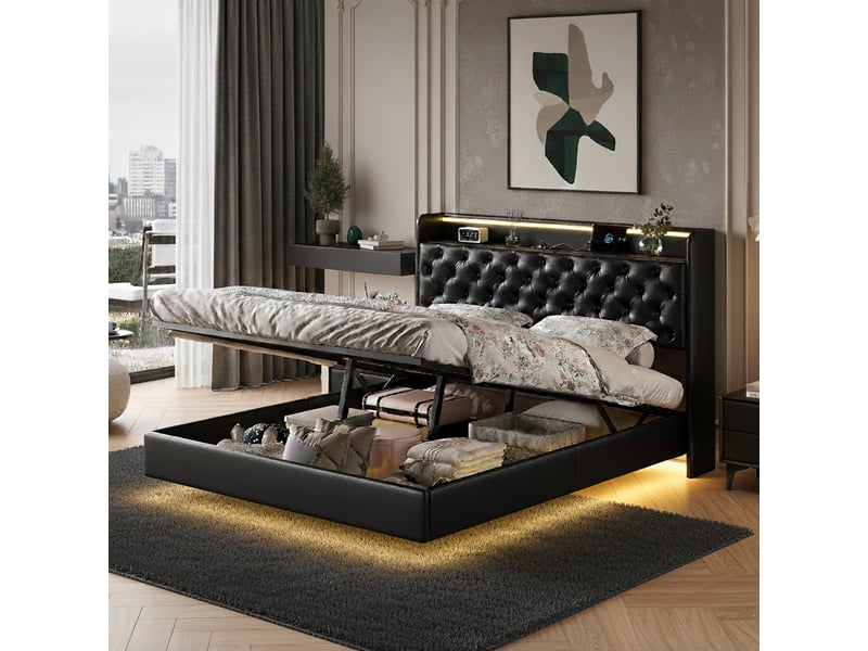 Lit coffre 160x200cm, lit double avec éclairage led, port usb et tete de lit avec espace de rangement dissimulé, cadre de lit avec sommier, pu noir lit capitonné - Conforama D