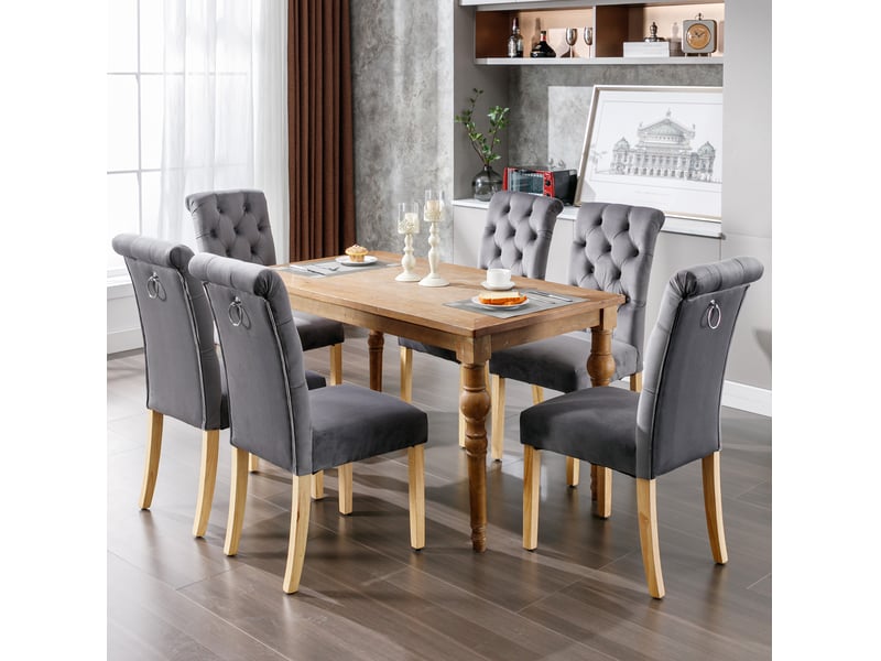  Chaise de salle à manger, lot de 6, gris velours avec pieds en chêne et détails boutonnés  - Conforama B