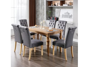 Chaise de salle à manger, lot de 6, gris velours avec pieds en chêne et détails boutonnés