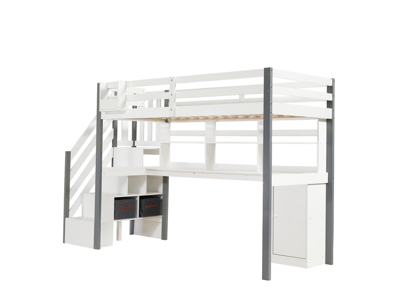  Lit mezzanine 90x200 cm avec rangement, pin et mdf blancgris  - Conforama W