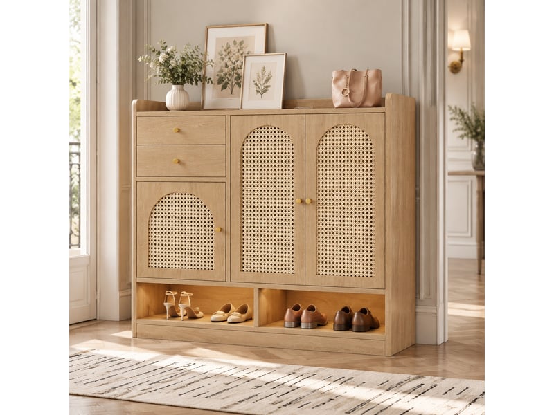  Meuble à chaussures 3 portes et 2 tiroirs avec éclairage led, 120x35x100 cm, naturel  - Conforama C