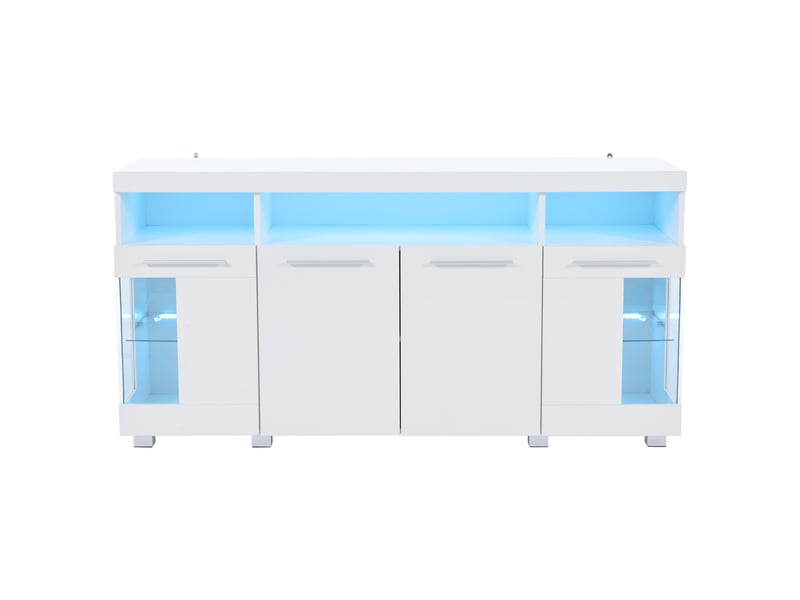 Buffet de salon blanc brillant avec éclairage led intégré, portes en verre trempé et rangement 140 x 40 x 70 cm - Conforama A