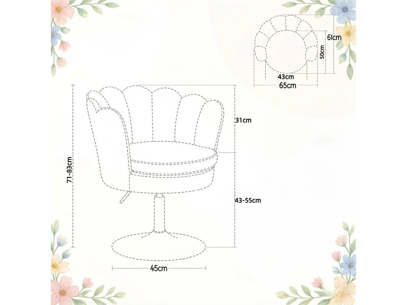 Fauteuil pivotant en forme de fleur, hauteur réglable et accoudoirs intégrés, en velours et métal gris foncé - Conforama D