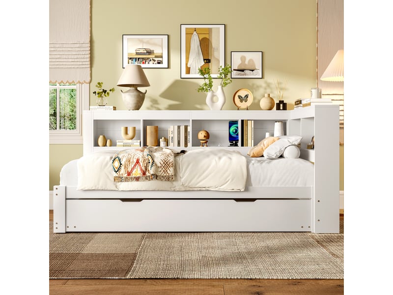  Lit banquette 90x200 avec lit gigogne extensible, ports usb et rangements, structure en bois, blanc  - Conforama B