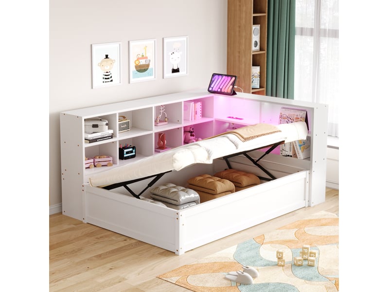  Modenvie lit banquette 90x200 cm - avec rangements et prise intégrée, avec télécommande - blanc  - Conforama E