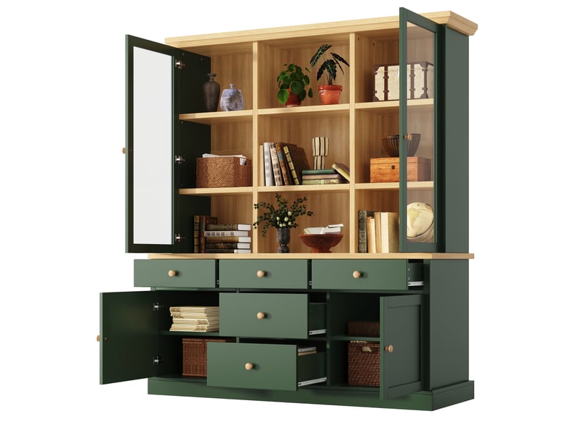 Buffet haut avec portes vitrées et 5 tiroirs, 140x40x185 cm, vert - Conforama A