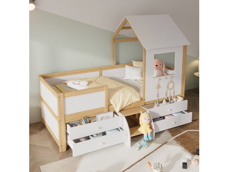  Lit enfant 90x200 cm, sommier, forme maison, garde-corps, tiroirs, bois, coloris blanc+naturel, sans matelas  - Conforama B
