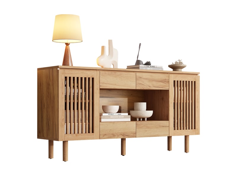  Buffet bas 140x35x71 cm avec  4 tiroirs et 2 portes à lamelles en mdf, pieds en bois, couleur naturel, design simple  - Conforama A
