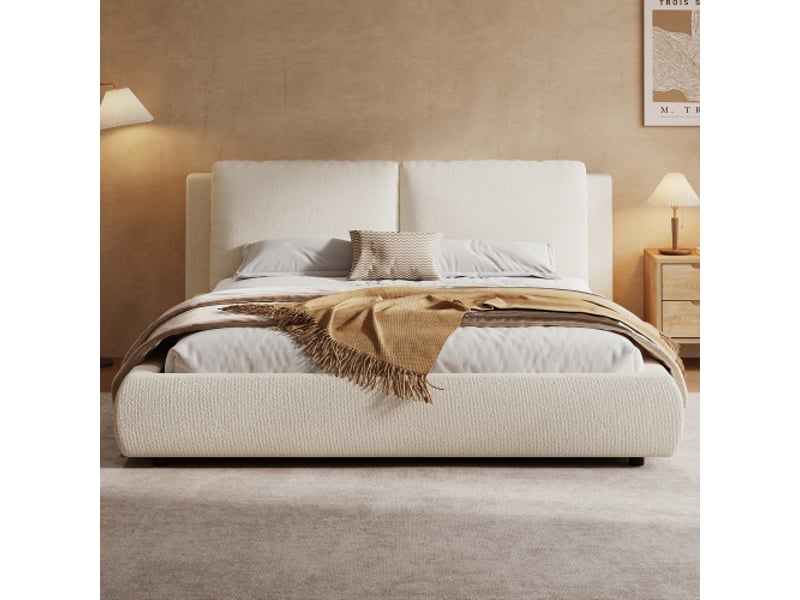 Lit coffre hydraulique 180x200 cm avec sommier à lattes grand rangement tête de lit rembourrée 12 cm bouclé beige - Conforama C