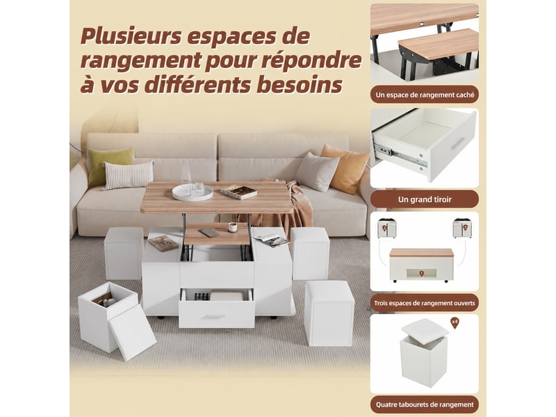  Table basse relevable - table de salon multifonctionnelle 4 en 1 - avec con 4 tabourets e rangement caché - blanc et bois  - Conforama E
