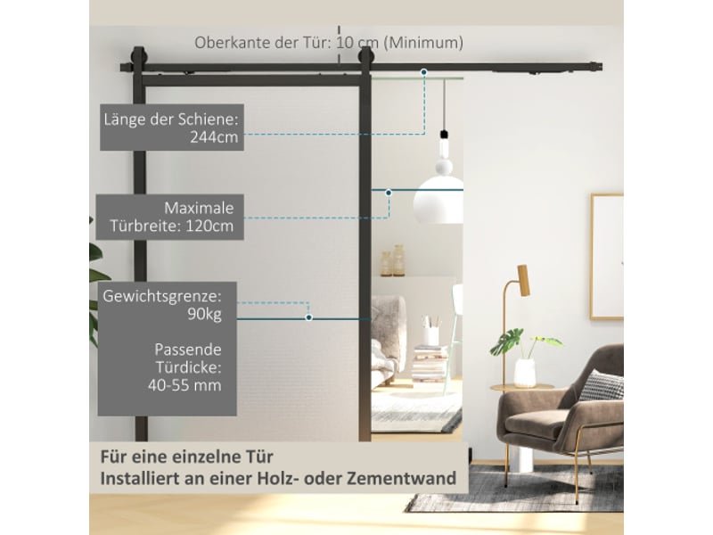  Kit de ferrure pour porte coulissante 244 cm en acier carbone noir avec rail, roulettes, anti-saut, butées et guide au sol, système complet  - Conforama D