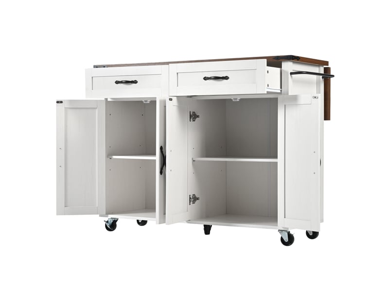  Îlot de cuisine pivotant à 360 degrés, table de bar sur roulettes extensible avec 3 tiroirs, blanc  - Conforama R