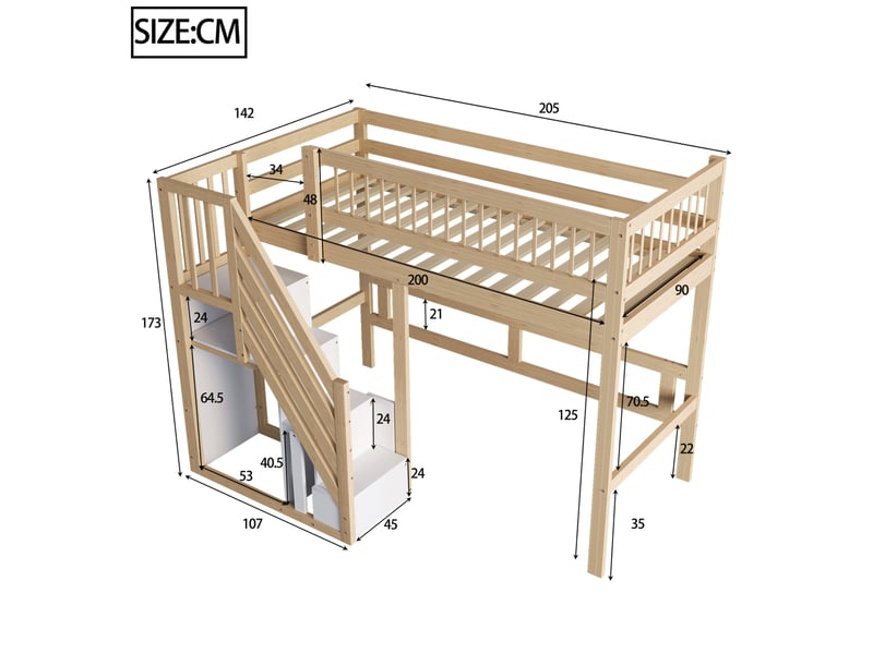  Lit mezzanine enfant 90x200 cm, escalier de rangement intégré et sécurisé, pin et mdf, naturel et blanc, sans matelas  - Conforama C