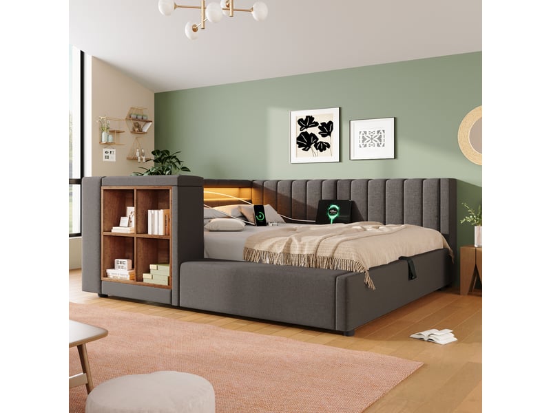 Lit coffre 140x200 cm avec tête de lit réversible, lit gigogne avec 4 niches de rangement, led par appli, usb et type-c, lin, gris Morn Vibe - Conforama B
