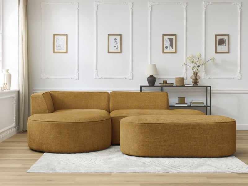  Bobochic canapé d'angle fixe rousseau tissu texturé avec pouf jaune  angle gauche ROUSSEAU - Conforama D