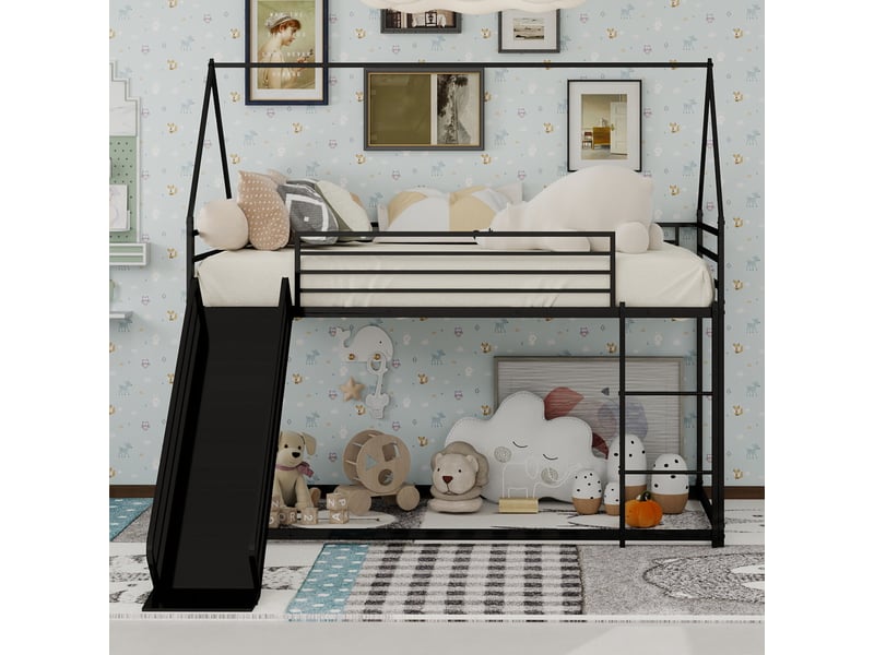 Lit superposé 90x190 cm forme maison avec toboggan, métal, noir, sans matelas - Conforama B